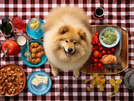 fluffig hund Sammanträde på en färgrik picknick filt ai generativ foto