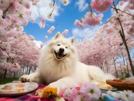 fluffig hund Sammanträde på en färgrik picknick filt ai generativ foto