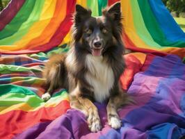 fluffig hund Sammanträde på en färgrik picknick filt ai generativ foto