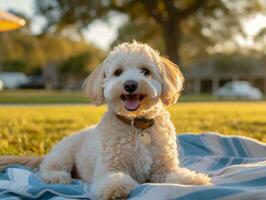 fluffig hund Sammanträde på en färgrik picknick filt ai generativ foto