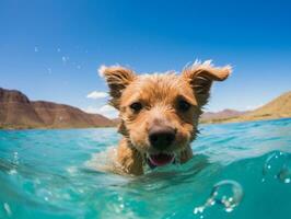 vänlig hund i en klar blå sjö ai generativ foto