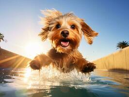 våt och glad hund hoppa in i en slå samman på en varm sommar dag ai generativ foto