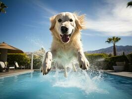 våt och glad hund hoppa in i en slå samman på en varm sommar dag ai generativ foto