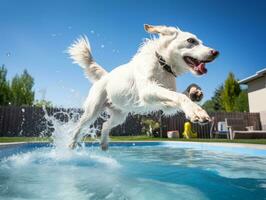 våt och glad hund hoppa in i en slå samman på en varm sommar dag ai generativ foto