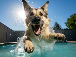 våt och glad hund hoppa in i en slå samman på en varm sommar dag ai generativ foto