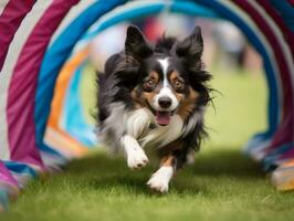 pigg hund tävlings genom ett rörlighet kurs ai generativ foto