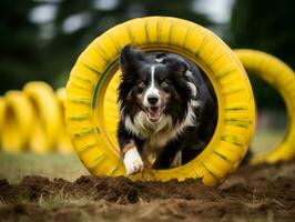 pigg hund tävlings genom ett rörlighet kurs ai generativ foto