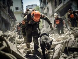 skicklig Sök och rädda hund arbetssätt flitigt i en katastrof område ai generativ foto