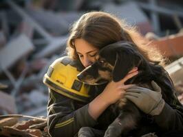 skicklig Sök och rädda hund arbetssätt flitigt i en katastrof område ai generativ foto
