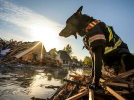 skicklig Sök och rädda hund arbetssätt flitigt i en katastrof område ai generativ foto