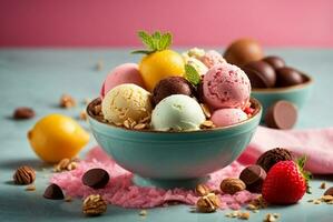 blandad is grädde skopor i skål med färsk frukter, bär och choklad godis. ai generativ foto