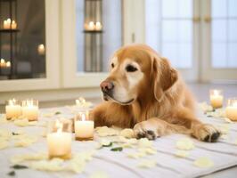 lugn hund njuter en massage på en sällskapsdjur spa ai generativ foto