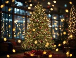 jul träd med prydnad och bokeh lampor bakgrund foto