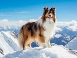 majestätisk hund stående stolt på en berg topp ai generativ foto