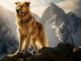 majestätisk hund stående stolt på en berg topp ai generativ foto