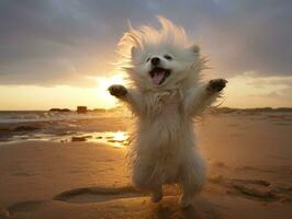 Lycklig hund spelar på de strand ai generativ foto