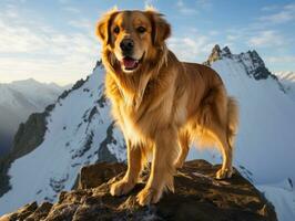 majestätisk hund stående stolt på en berg topp ai generativ foto