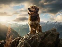 majestätisk hund stående stolt på en berg topp ai generativ foto