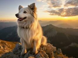 majestätisk hund stående stolt på en berg topp ai generativ foto