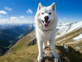 majestätisk hund stående stolt på en berg topp ai generativ foto