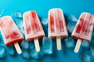 topp ner se av popsicles och is kuber mot blå bakgrund ai genererad foto