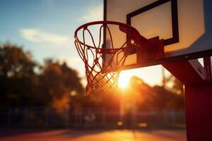 basketboll ring lyser i de Sol, en fokal- punkt i sporter ai genererad foto