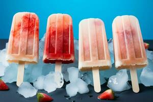 popsicles och is kuber anordnad på en blå bakgrund från ovan ai genererad foto