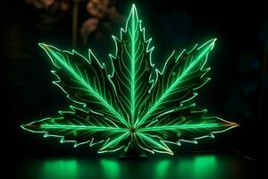 en dynamisk varumärke logotyp med en neon grön cannabis blad ai genererad foto