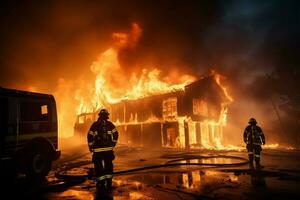 en team av brandmän bekämpa en våldsam hus brand ai genererad foto