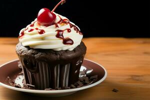 eftergiven choklad cupcake, en ljuv glädje med en röd körsbär ai genererad foto