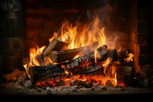 brinnande trä inom en tegel spis utbyten lågor och askgrå lämningar ai genererad foto