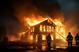 brandmän arbete tillsammans till släcka en flammande hus ai genererad foto