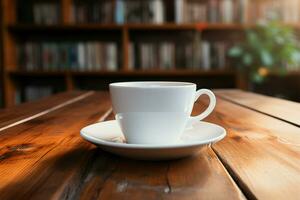 en kaffe kopp vilar på en trä- disken, inbjudande avslappning ai genererad foto