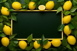 en unik Foto ram tillverkad från citroner med en matt svart bakgrund ai genererad