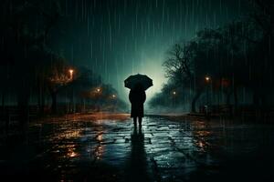 en ensam enskild söker tillflykt från de regn under ett paraply ai genererad foto