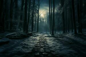 de vinter- skog avslöjar dess lugn, gåtfull locka under månsken ai genererad foto
