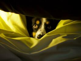 busig hund kikar ut från en mysigt filt fort ai generativ foto