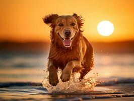 Lycklig hund spelar på de strand ai generativ foto