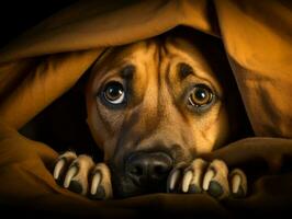 busig hund kikar ut från en mysigt filt fort ai generativ foto