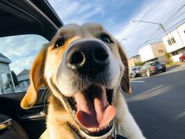 Lycklig hund ridning i en bil med dess huvud ut de fönster ai generativ foto