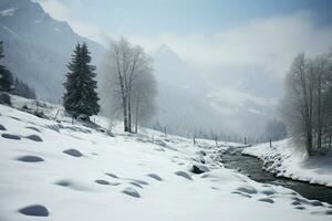 de österrikiska alps omvandla in i en snöig sagoland i de vinter- ai genererad foto