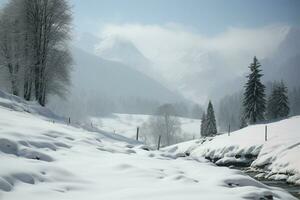 snö klädd österrikiska alps skapa en fantastisk vinter- landskap för utforskning ai genererad foto