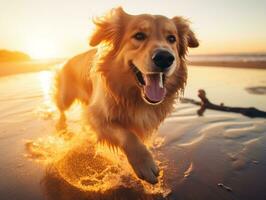 Lycklig hund spelar på de strand ai generativ foto