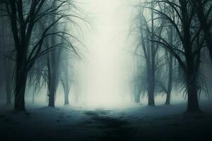 en vintrig resa genom en skog av mörk träd silhuetter ai genererad foto