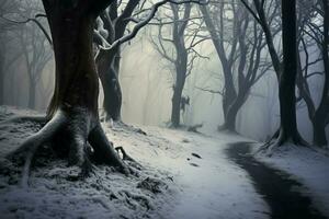 mystisk bokträ höljd i vinter- dimma, ett förtjusande naturlig undra ai genererad foto