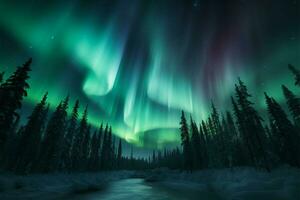 smaragd- aurora danser ovan de nordlig skog, förtjusande de natt ai genererad foto