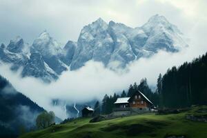 dimma klädd dachstein, en bakgrund till idyllisk alpina by hus ai genererad foto