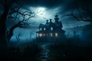 kusligt belysning och dimma innesluta en läskigt besatt hus bakgrund ai genererad foto