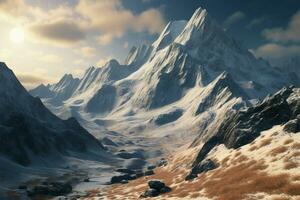 hög berg topp, krönt med snö, en panorama- undra av natur ai genererad foto