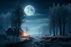 isig trän i de kusligt månsken av en vinter- natt ai genererad foto